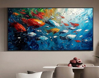 Large Original Fish School Oil Painting On Canvas, Abstract Ocean Art Decor, Modern Wall Art, Living room Home Decor, Custom Gift Painting