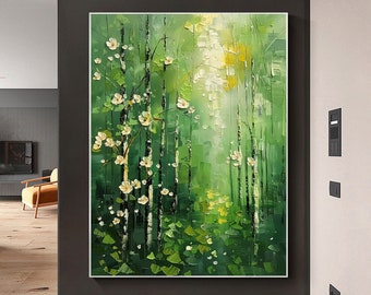 Pittura a olio originale della foresta su tela, arte moderna da parete verde, decorazione da parete strutturata di grandi dimensioni, decorazione per la casa del soggiorno, arte da parete primaverile personalizzata