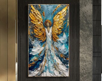 Abstract Angel Oil Painting on Canvas, Blue Gold Wall Art Decor, Modern Textured Painting, Serene Wall Canvas Art, Living room Wall Decor