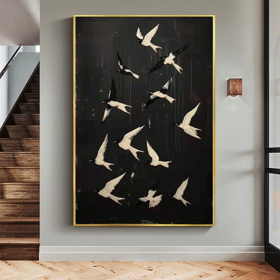 Original Abstract Bird Oil Painting on Canvas, Custom Flying Swallow Painting, Black Wall Art, Concise Art Decor, Living Room Home Decor