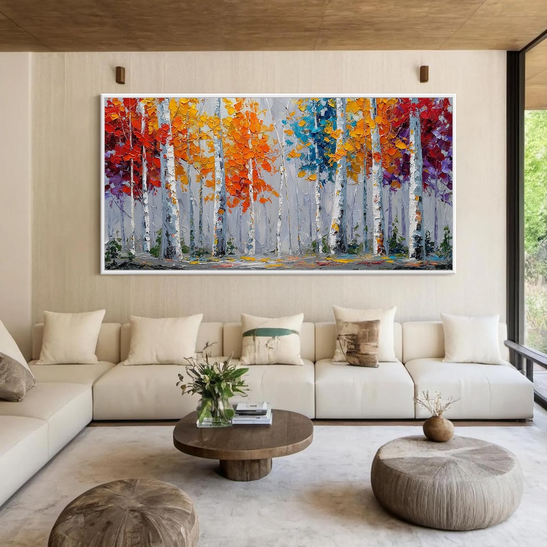 Colorful Birch Tree Oil Painting, Large Abstract Forest Wall Art ...