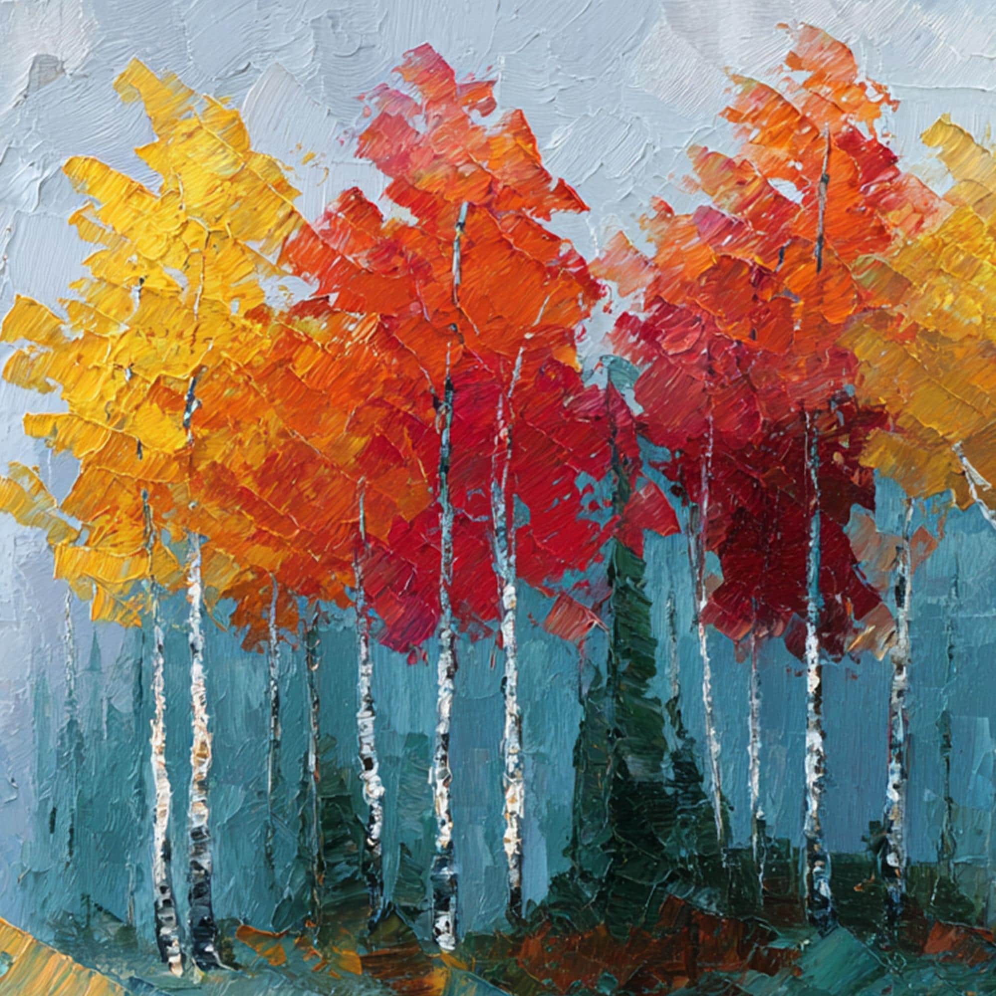 Large Colorful Birch Tree Oil Painting, Textured Autumn Forest Wall Art ...