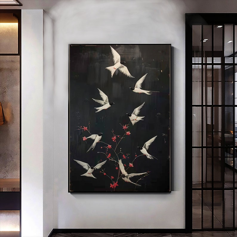 Abstract Magpie Oil Painting on Canvas, Original Plum Blossom Painting, Large Black Wall Art, Custom Wall Art Decor, Living Room Home Decor