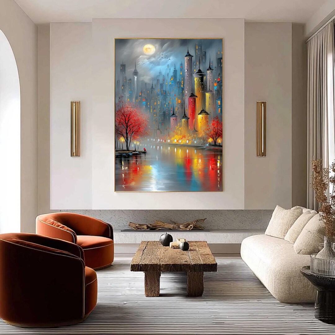 Colorful Cityscape Oil Painting on Canvas, Abstract Night City Wall Art ...