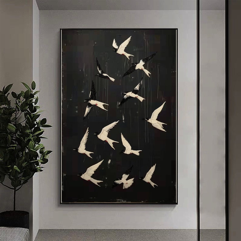 Original Abstract Bird Oil Painting on Canvas, Custom Flying swallow Painting, Black Wall Art, Concise Art Decor, Living Room Home Decor