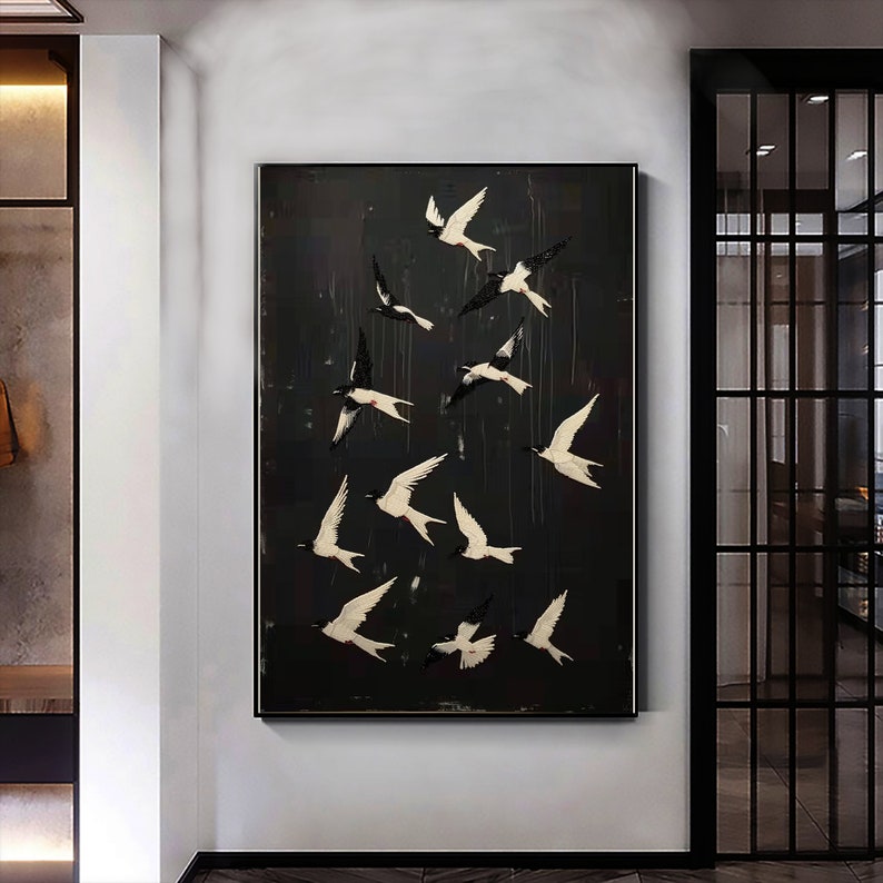 Original Abstract Bird Oil Painting on Canvas, Custom Flying swallow Painting, Black Wall Art, Concise Art Decor, Living Room Home Decor