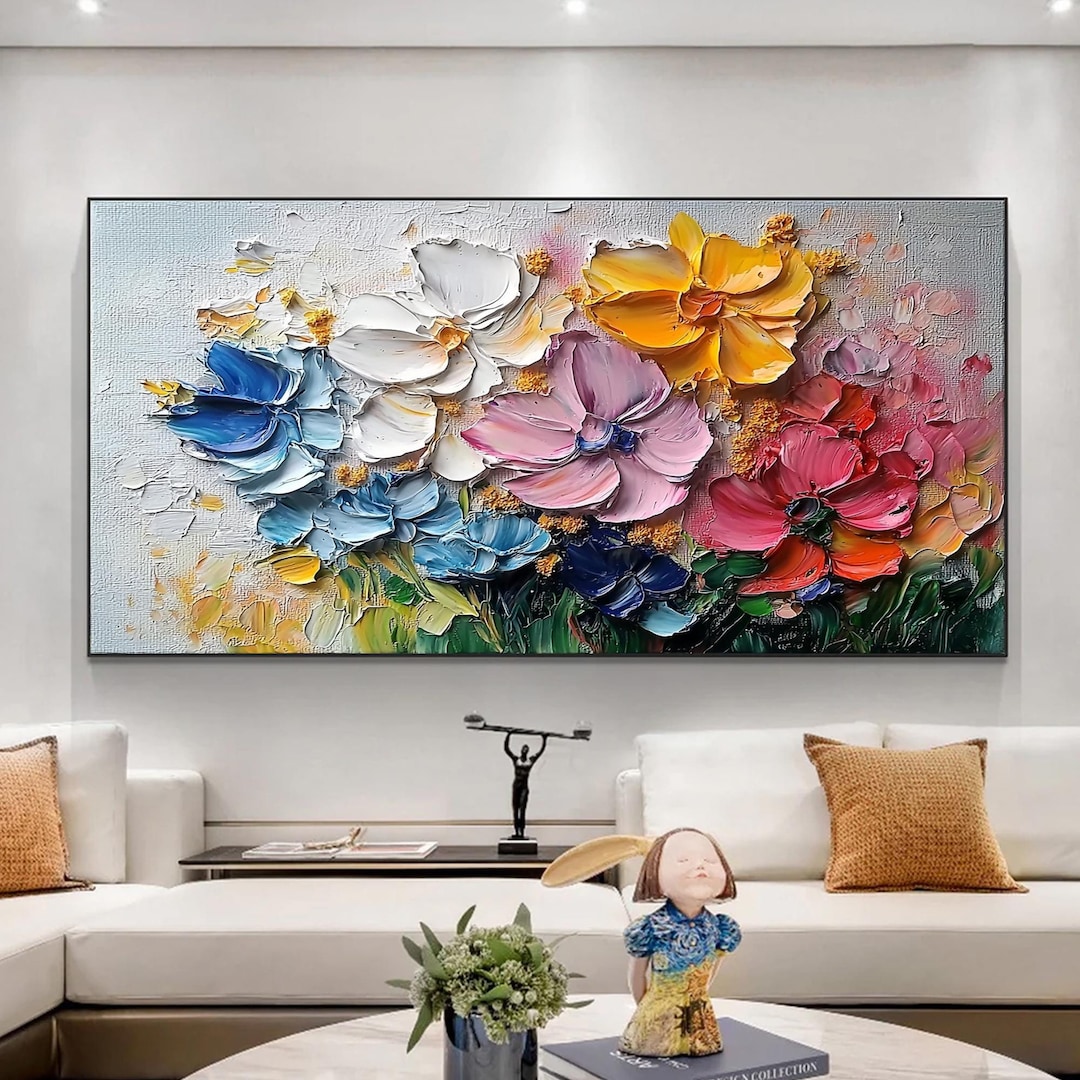Textured Blooming Flowers Oil Painting, Colorful Floral Canvas Wall Art ...