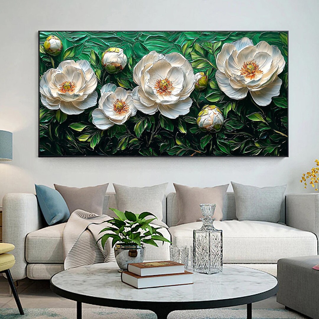 Original White Flower Oil Painting on Canvas, Impasto 3D Textured Wall ...
