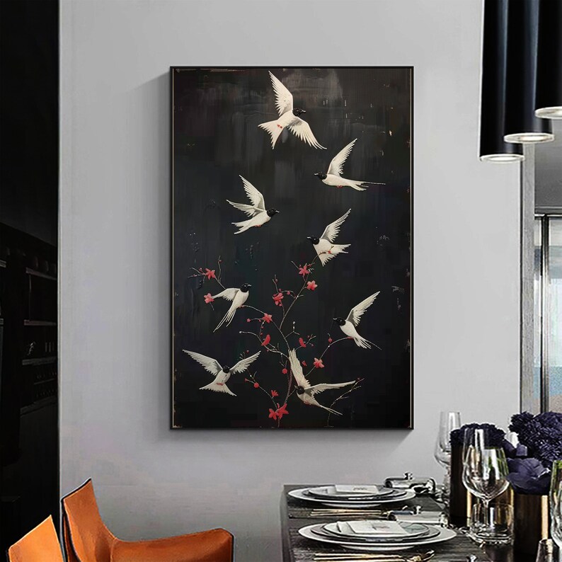 Abstract Magpie Oil Painting on Canvas, Original Plum Blossom Painting, Large Black Wall Art, Custom Wall Art Decor, Living Room Home Decor