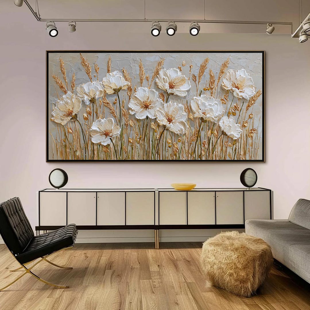 Original Abstract White Flower Oil Painting on Canvas Large Textured ...