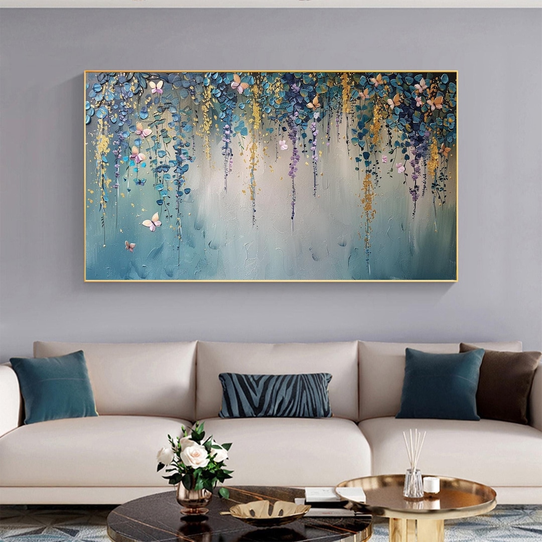 Gold Foil Flower Oil Painting on Canvas, Abstract Floral Landscape Wall ...