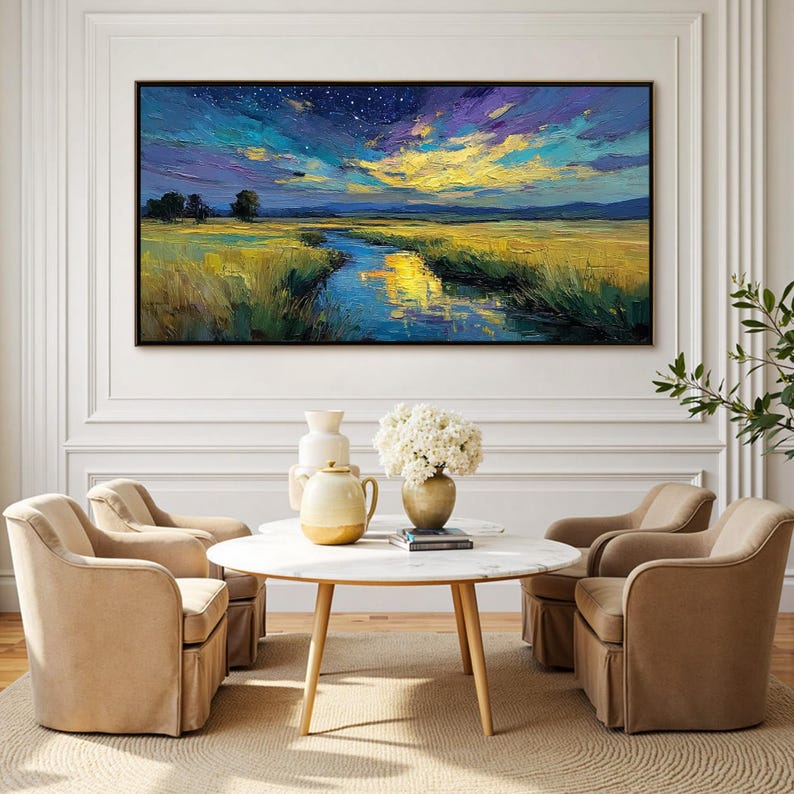 Deep Blue Starry Sky Oil Painting on Large Canvas, Abstract Landscape ...