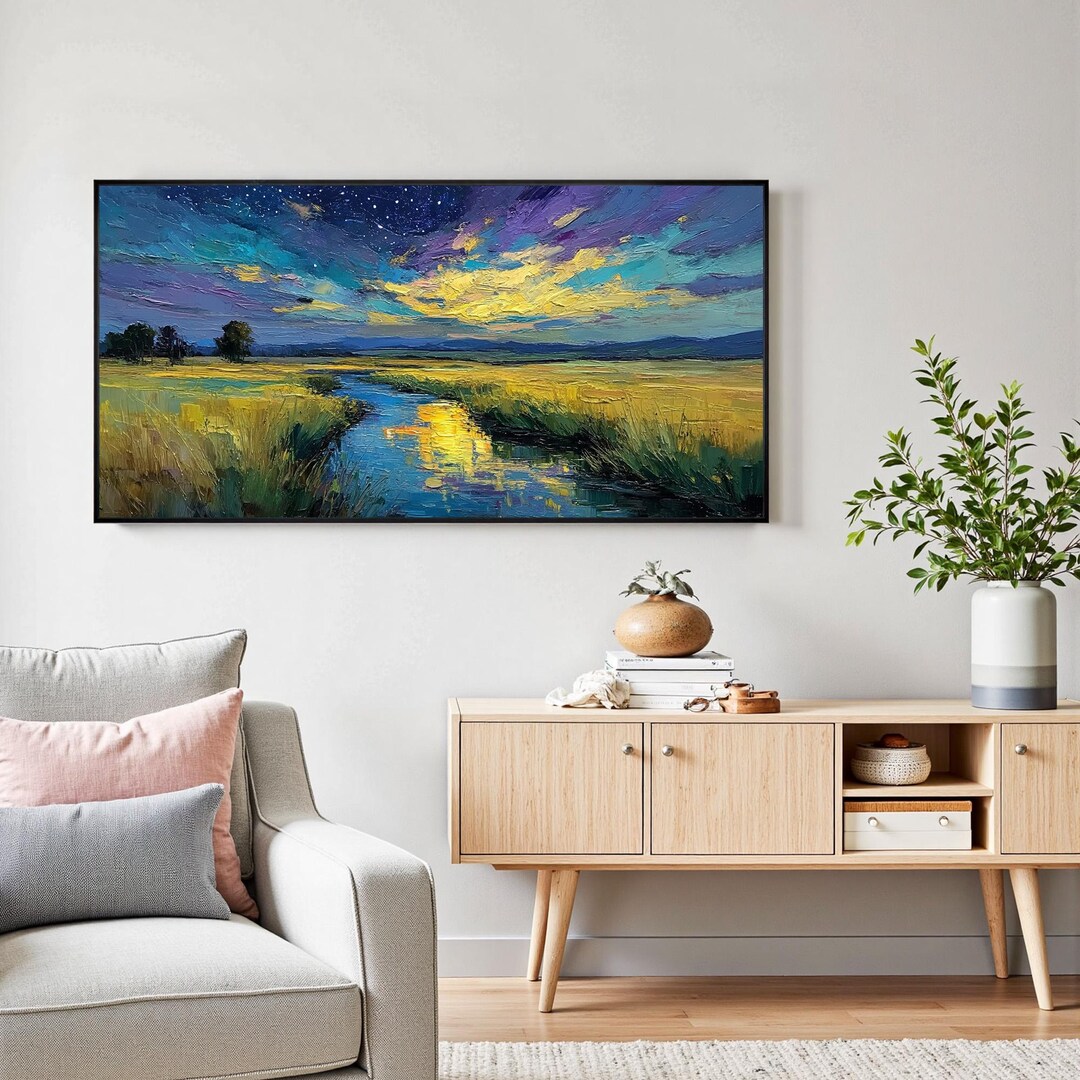 Deep Blue Starry Sky Oil Painting on Large Canvas, Abstract Landscape ...