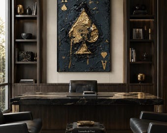 Wandbild „Pik-Ass“, strukturiertes Gold-Ölgemälde, schwarzes Poker-Motiv für Spielzimmer, luxuriöse Leinwand für die Männerhöhle
