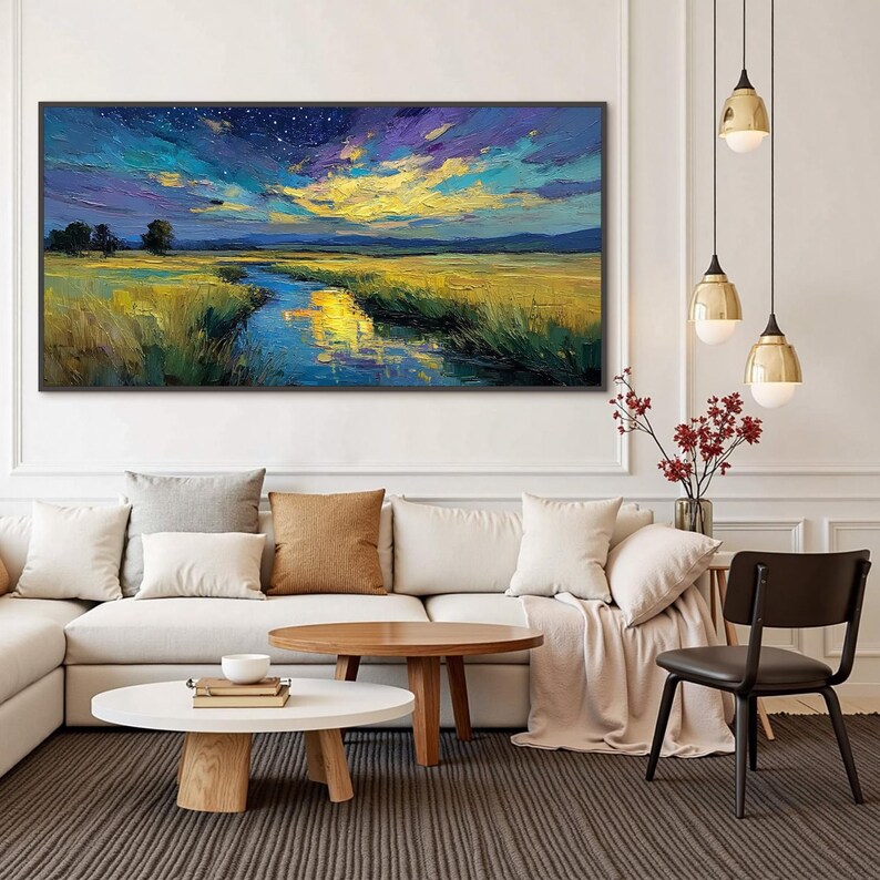 Deep Blue Starry Sky Oil Painting on Large Canvas, Abstract Landscape ...