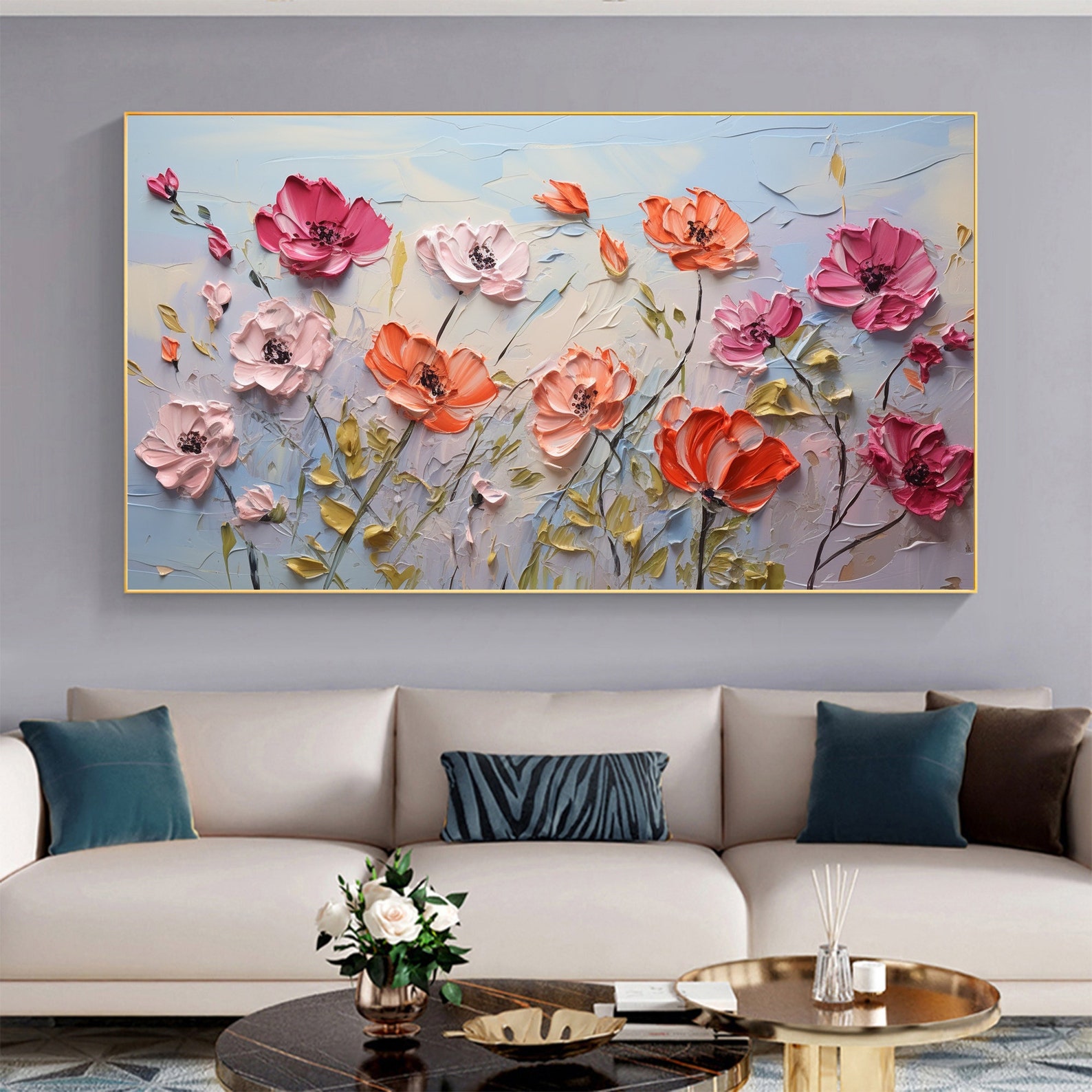 Large Abstract Flower Oil Painting on Canvas, Original Colorful Plants ...