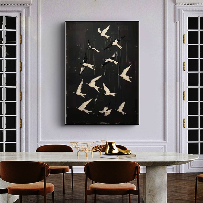 Original Abstract Bird Oil Painting on Canvas, Custom Flying swallow Painting, Black Wall Art, Concise Art Decor, Living Room Home Decor