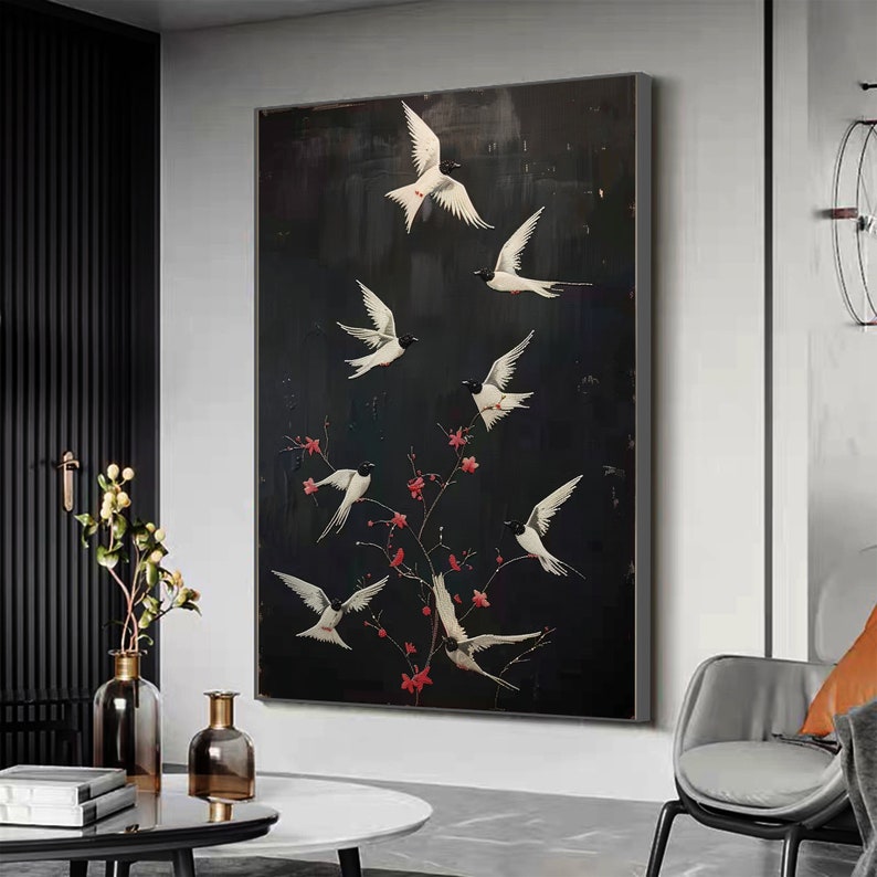 Abstract Magpie Oil Painting on Canvas, Original Plum Blossom Painting, Large Black Wall Art, Custom Wall Art Decor, Living Room Home Decor