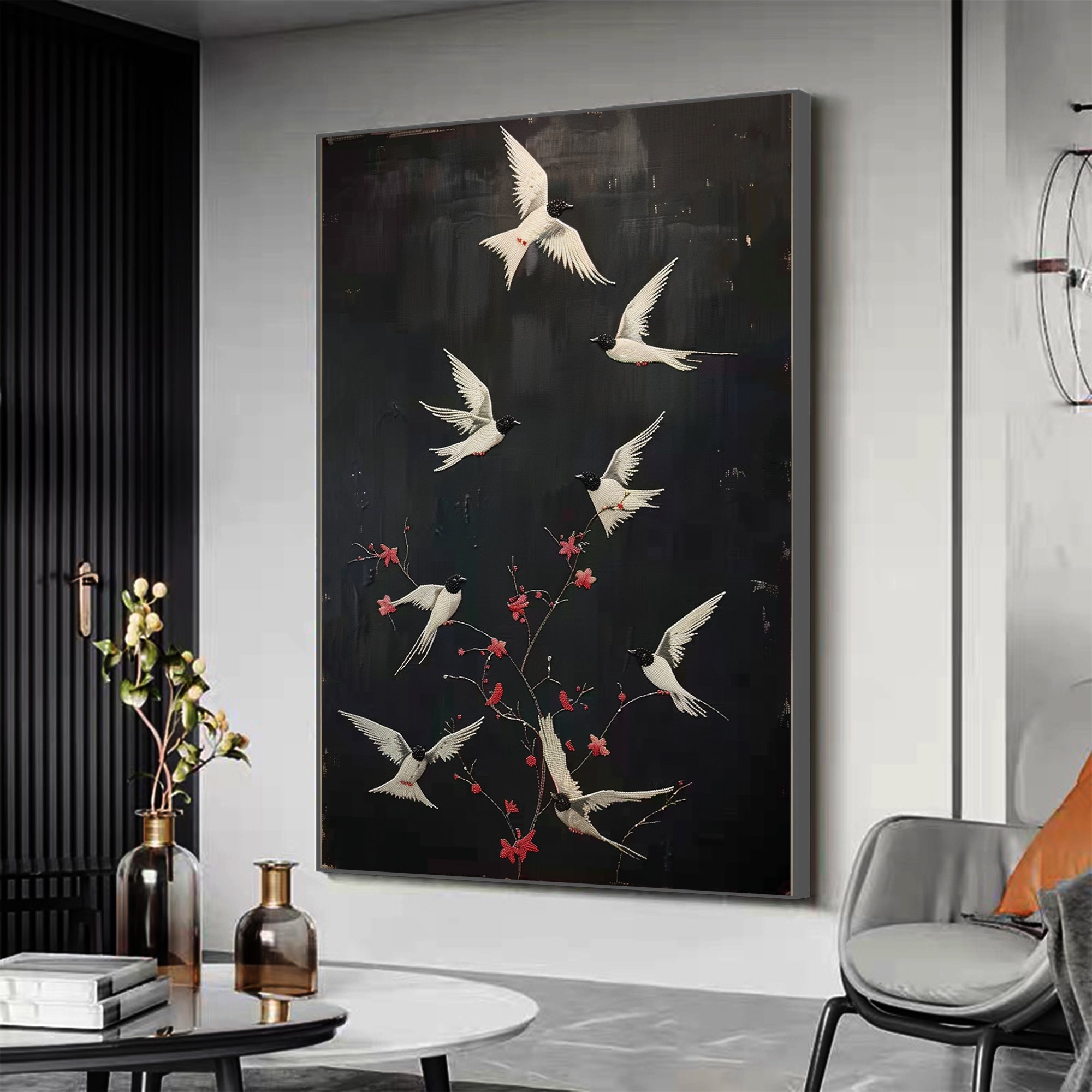 Abstract Magpie Oil Painting on Canvas, Original Flying Bird Painting ...