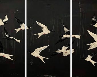 Original Abstract Oil Painting Triptych: Flying Birds Wall Art (3-Piece Set)