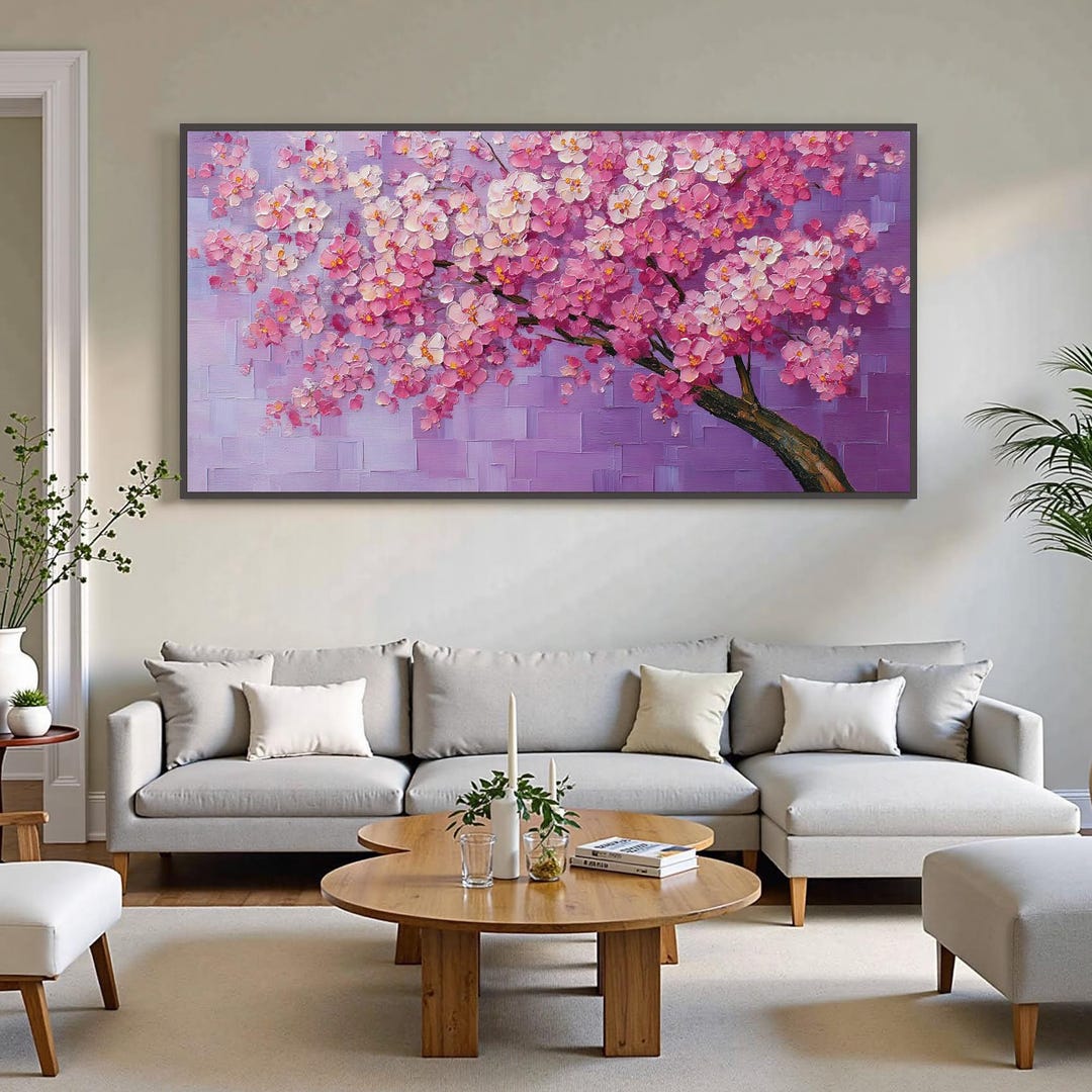 Hand Painted Pink Cherry Blossom Tree Oil Painting , Large Modern Wall ...