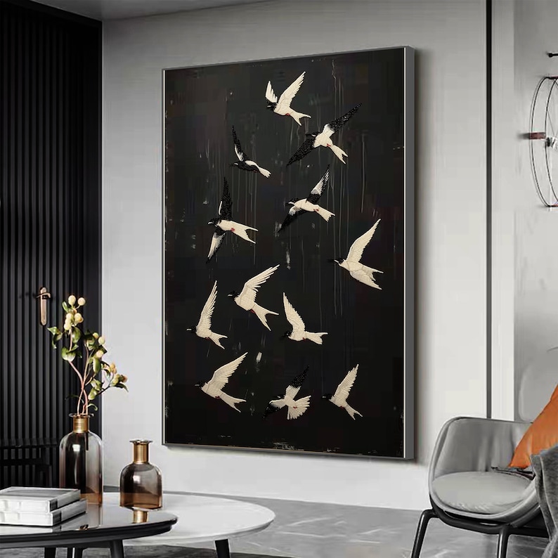 Original Abstract Bird Oil Painting on Canvas, Custom Flying swallow Painting, Black Wall Art, Concise Art Decor, Living Room Home Decor