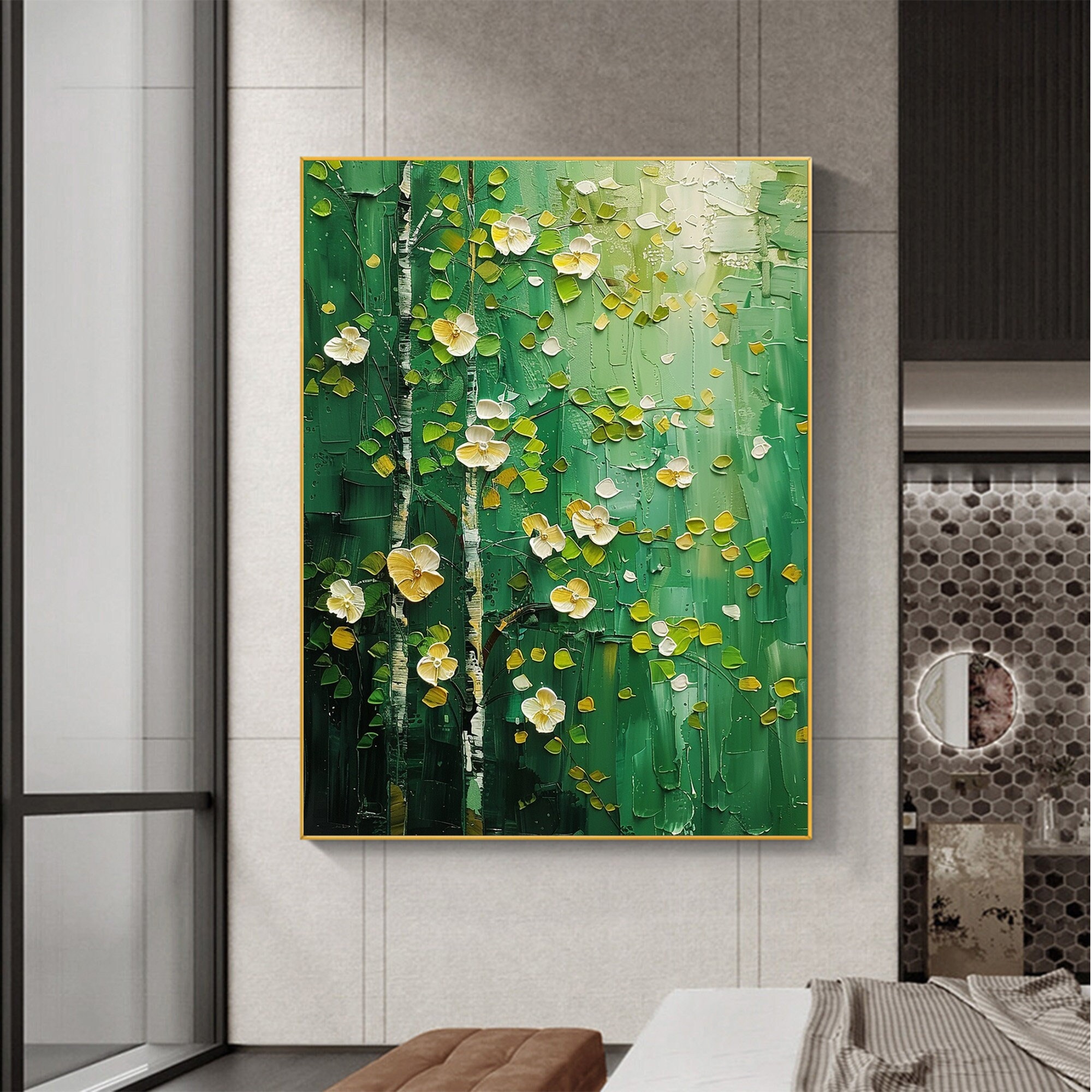 Custom Original Landscape Oil Painting on Canvas, Abstract Green Wall