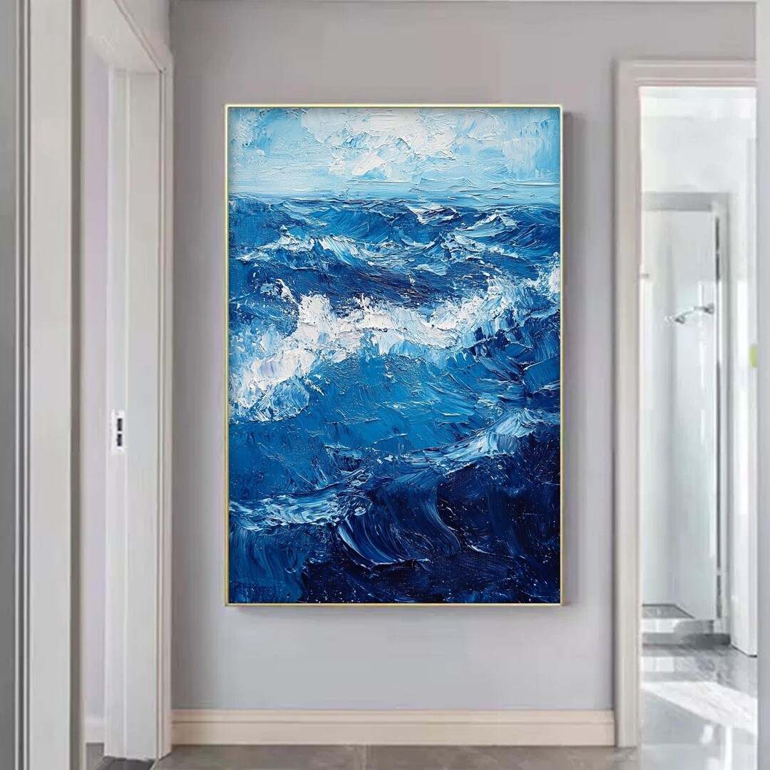 Abstract Blue Ocean Waves Canvas Wall Art, Original Seascape Oil ...