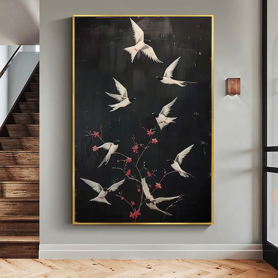 Abstract Magpie Oil Painting on Canvas, Original Flying Bird Painting, Large Black Wall Art, Custom Wall Art Decor, Living Room Home Decor