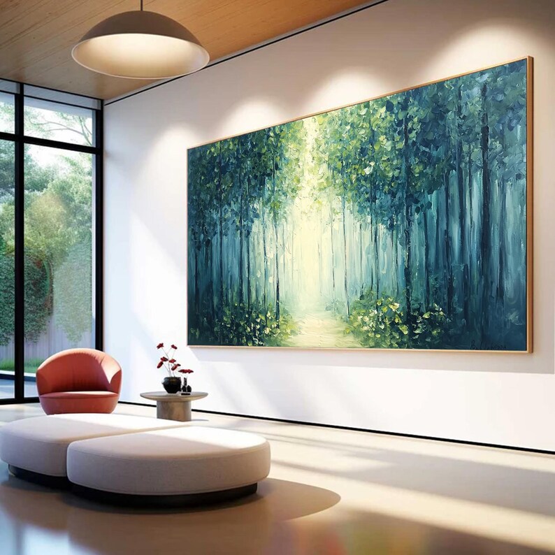 Original Green Forest Oil Painting on Canvas, Large Abstract Tree Wall ...