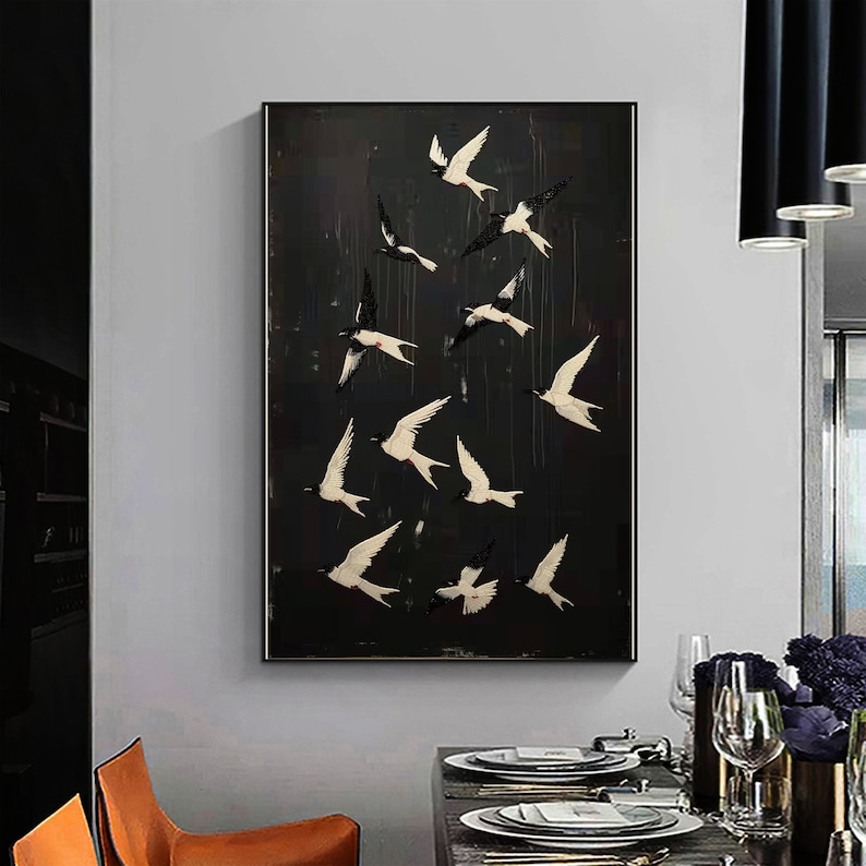 Original Abstract Bird Oil Painting on Canvas, Custom Flying swallow Painting, Black Wall Art, Concise Art Decor, Living Room Home Decor