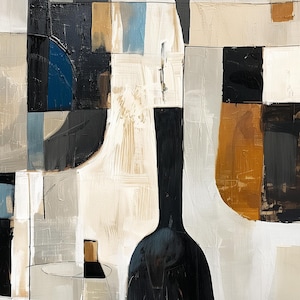 May include: Abstract painting with a palette of black, white, tan, and blue. The artwork features geometric shapes and brushstrokes, with a prominent black bottle-like form in the center. The style is modern and textured, suitable for home decor.