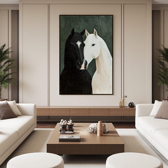 Abstract Horse Oil Painting, Black White Horses Touching Heads, Textured Green Background, Modern Equestrian Art, Animal Portrait Wall Decor