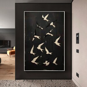 Original Abstract Bird Oil Painting on Canvas, Custom Flying swallow Painting, Black Wall Art, Concise Art Decor, Living Room Home Decor