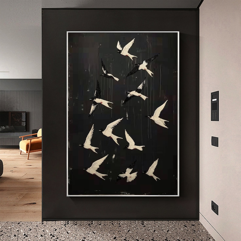Original Abstract Bird Oil Painting on Canvas, Custom Flying swallow Painting, Black Wall Art, Concise Art Decor, Living Room Home Decor