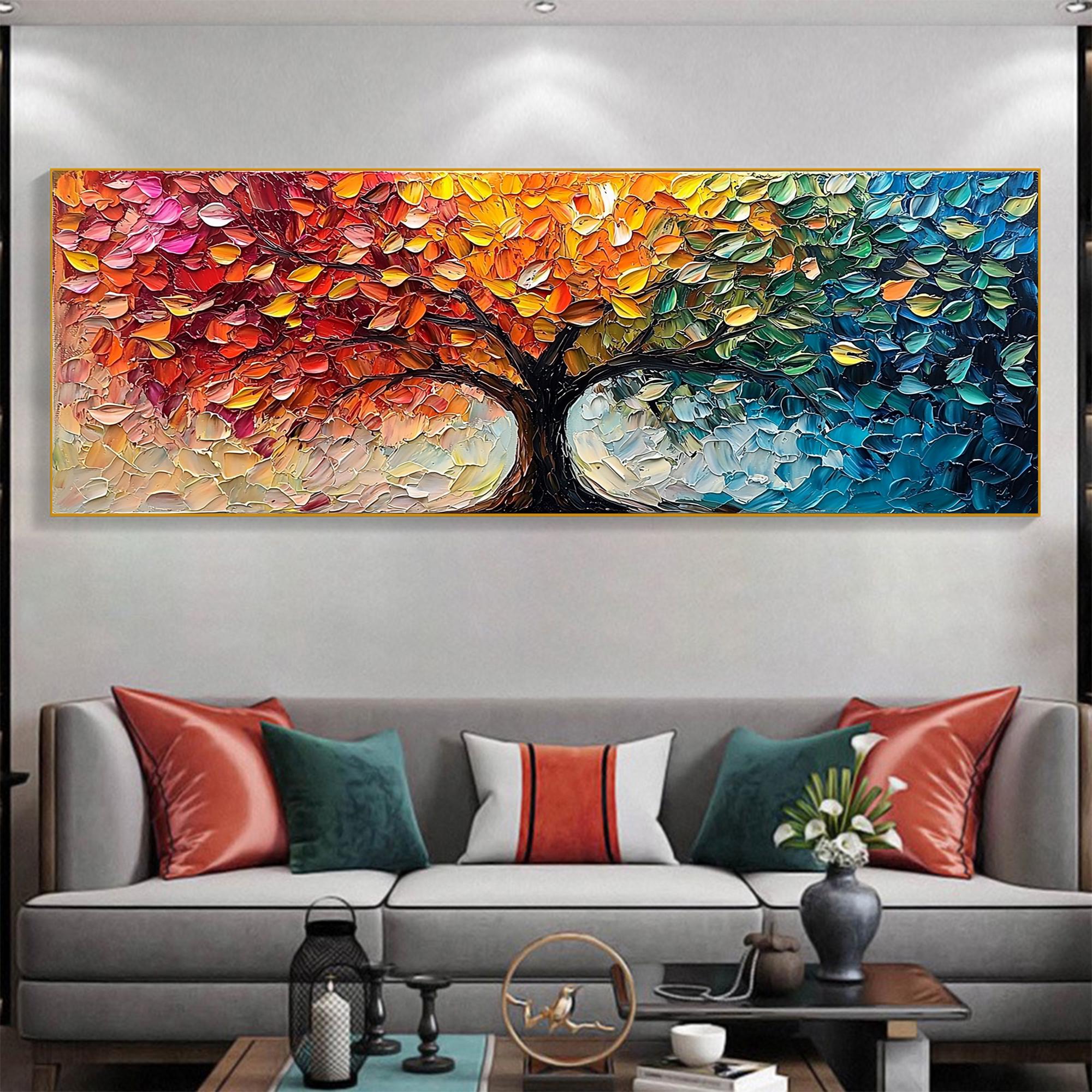 Large Impasto Four Seasons Tree Painting | Textured Colorful Tree of Life Wall Art | Original Acrylic Painting on Canvas | Living Room Decor