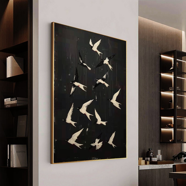 Original Abstract Bird Oil Painting on Canvas, Custom Flying swallow Painting, Black Wall Art, Concise Art Decor, Living Room Home Decor