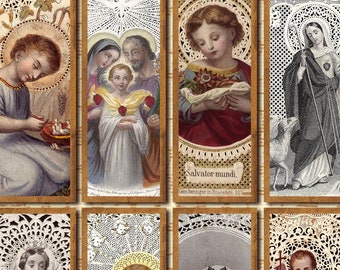 French holy card collage sheet, Christian clip art, Jesus, Mary and Joseph, 4x1.5 in printable paper ephemera, eak digital download no. 2011