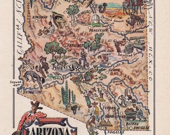 map of Arizona from the 1940's, funny pictorial map, instant digital download, printable map no.  1052