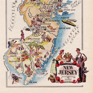 mapa de Nova Jersey da década de 1940, do artista francês Jacques Liozu, download digital folha 1228.