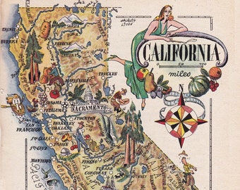 printable map of California from 1946, funny pictorial map, home decor, unique gift, digital download no. 1702