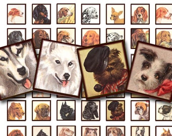 vintage dogs collage sheet in a  .75 x .83 inch scrabble tile size printable digital sheet no. 258.