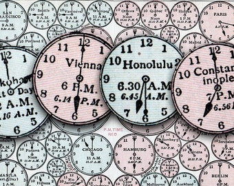 old clock faces, with times and cities from around the world, digital download, collage sheet no. 13