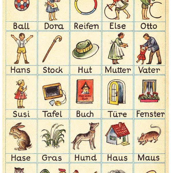 printable German Words primer from Mein Erstes Buch, vintage childrens reader, digital download no. 382