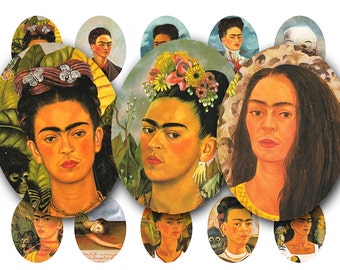 Frida Kahlo collage sheet, in 30 x 40 mm ovals, printable digital download no. 424