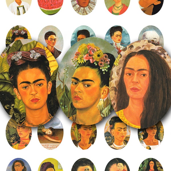 Frida Kahlo collage vel, in 30 x 40 mm ovalen, afdrukbare digitale download nr. 424