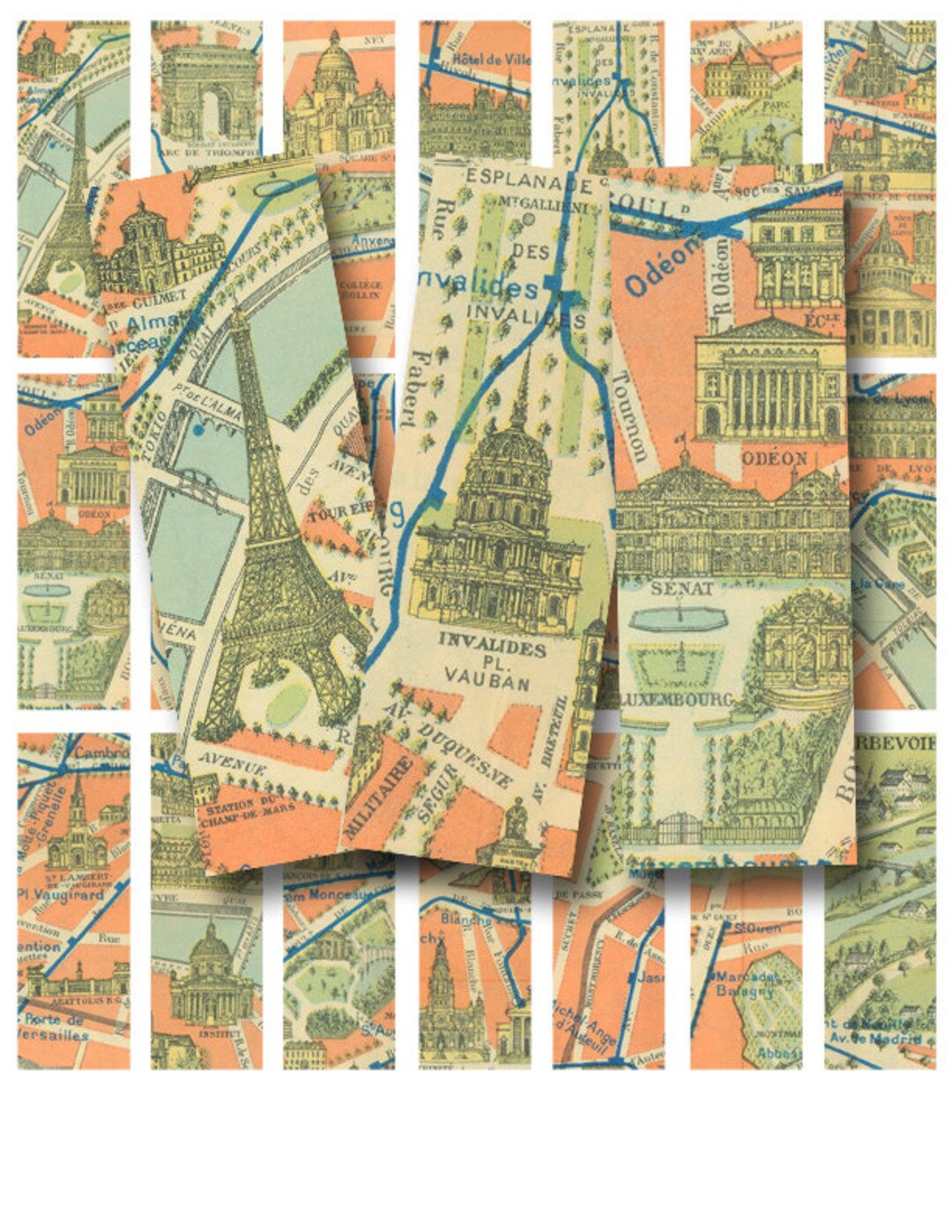 Vintage Map of Paris Collage Sheet, in a 1 X 3 Inch Size for Microscope ...