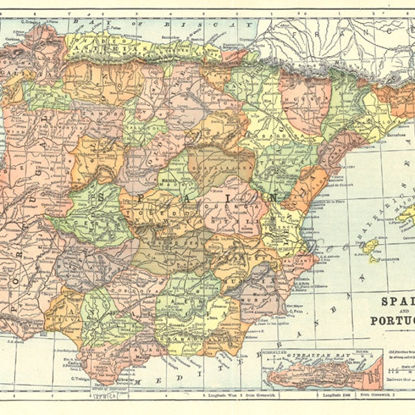 afdrukbare kaart van Spanje en Portugal, digitale download, uniek geschenk, home decor, afdrukbare collage vel nr. 161