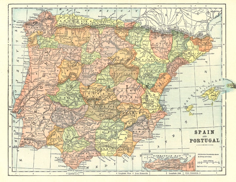 Map of Spain and Portugal from 1904 vintage printable digital | Etsy