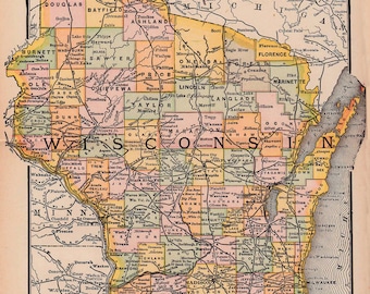 map of Wisconsin from 1891, printable wall art, unique home decor, arts an crafts, digital map no.  313